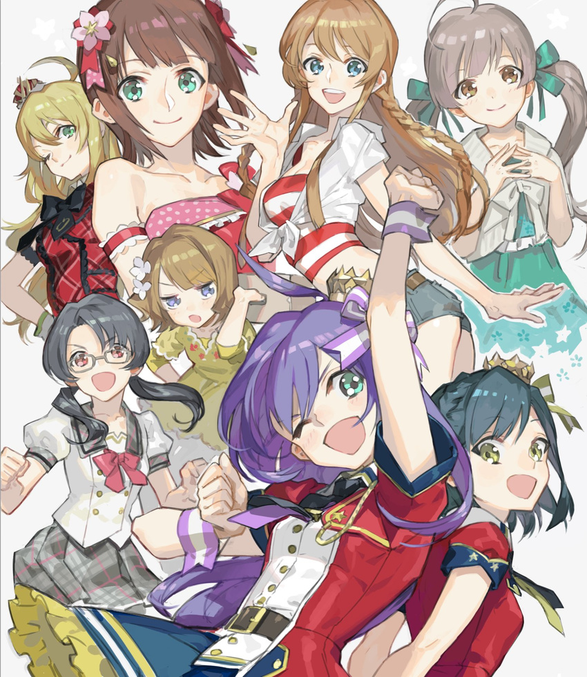 :d ahoge alternate_costume amami_haruka aqua_eyes bad_id bad_twitter_id bangs bare_shoulders black_hair blonde_hair blue_eyes bow braid brown_eyes brown_hair collarbone crown crown_braid flower glasses green_eyes hair_bow hair_flower hair_ornament hair_ribbon hakozaki_serika highres hoshii_miki idolmaster idolmaster_(classic) idolmaster_million_live! idolmaster_million_live!_theater_days kousaka_umi long_hair looking_at_viewer mochizuki_anna multiple_girls nanao_yuriko nishihara_isao one_eye_closed open_mouth plaid pleated_skirt prologue_rouge purple_eyes purple_hair red_eyes ribbon school_uniform shiny_trinity short_hair side_braid skirt smile suou_momoko takayama_sayoko twintails very_long_hair wrist_cuffs yellow_eyes