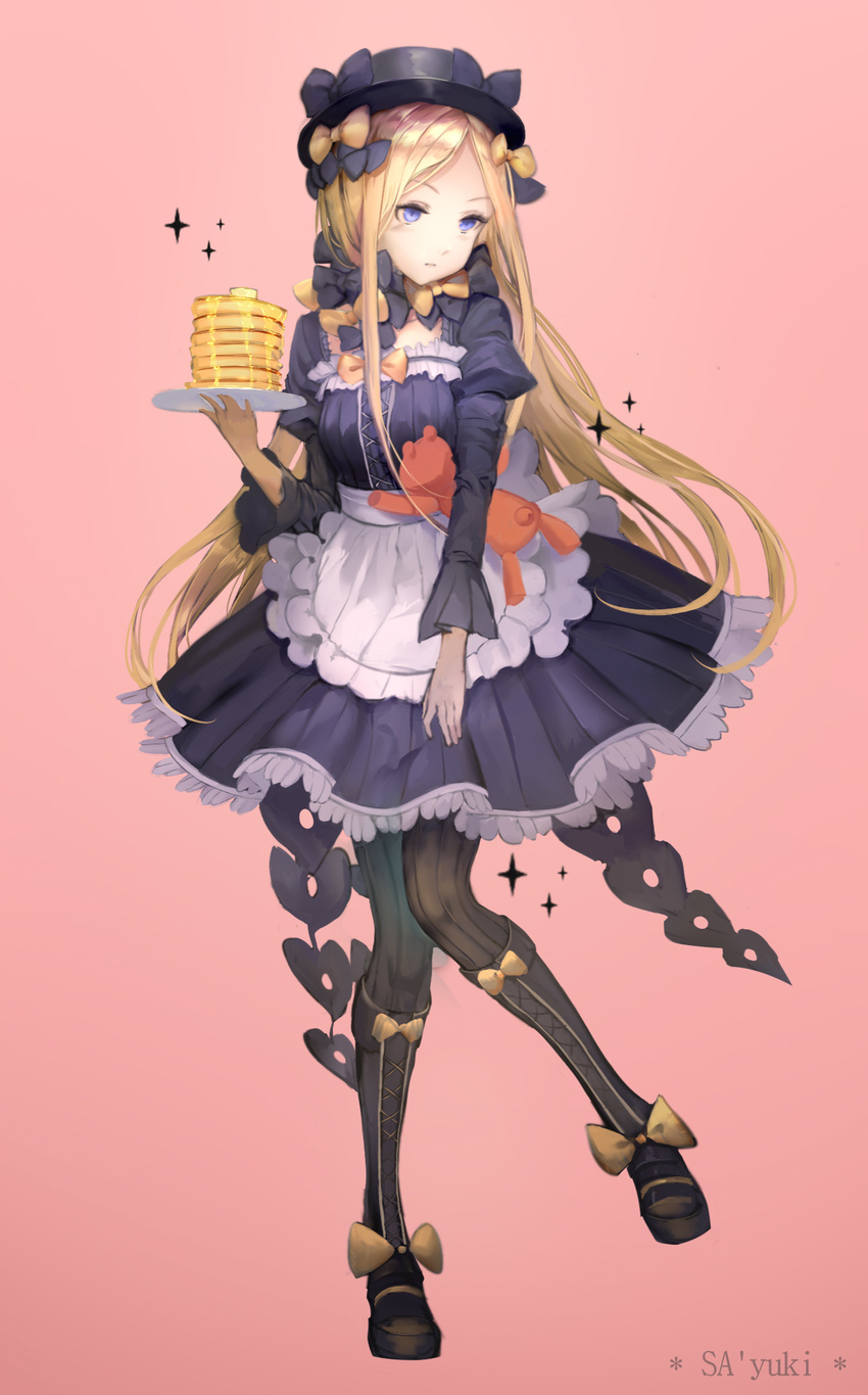 abigail_williams_(fate/grand_order) alternate_costume apron artist_name bangs black_bow black_dress black_footwear black_hat black_legwear blonde_hair blue_eyes boots bow bug butter butterfly closed_mouth commentary_request cross-laced_footwear dress enmaided fate/grand_order fate_(series) food hair_bow hat highres holding holding_plate insect juliet_sleeves knee_boots lace-up_boots long_hair long_sleeves looking_to_the_side maid object_hug orange_bow pancake pantyhose parted_bangs pink_background plate polka_dot polka_dot_bow puffy_sleeves sa'yuki simple_background solo sparkle stack_of_pancakes striped striped_legwear stuffed_animal stuffed_toy teddy_bear vertical-striped_legwear vertical_stripes very_long_hair waist_apron white_apron
