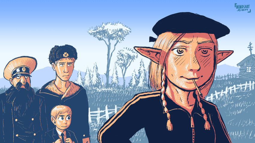 3boys adidas axiaterraartunion black_hair blonde_hair braid cigarette closed_mouth commentary dungeon_meshi elf fence gopnik hammer_and_sickle hat hindsart landscape log_cabin marcille military_hat multiple_boys peaked_cap pine_tree pointy_ears russia senshi smoking soviet tree