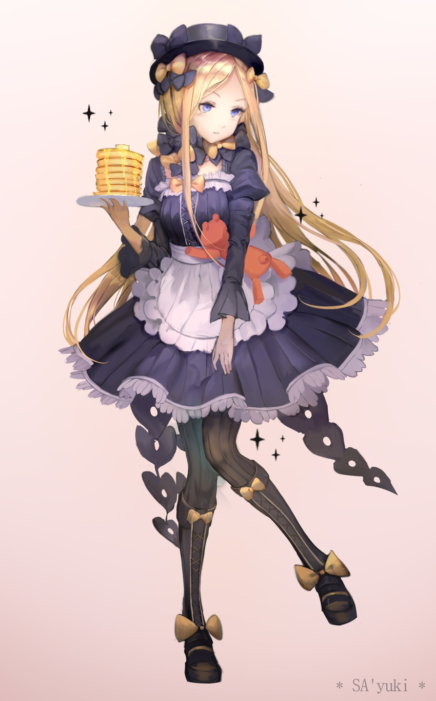 abigail_williams_(fate/grand_order) alternate_costume apron artist_name bangs black_bow black_dress black_footwear black_hat black_legwear blonde_hair blue_eyes boots bow bug butter butterfly closed_mouth cross-laced_footwear dress enmaided fate/grand_order fate_(series) food hair_bow hat highres holding holding_plate insect juliet_sleeves knee_boots lace-up_boots long_hair long_sleeves looking_to_the_side maid object_hug orange_bow pancake pantyhose parted_bangs pink_background plate polka_dot polka_dot_bow puffy_sleeves sa'yuki simple_background solo sparkle stack_of_pancakes striped striped_legwear stuffed_animal stuffed_toy teddy_bear vertical-striped_legwear vertical_stripes very_long_hair waist_apron white_apron