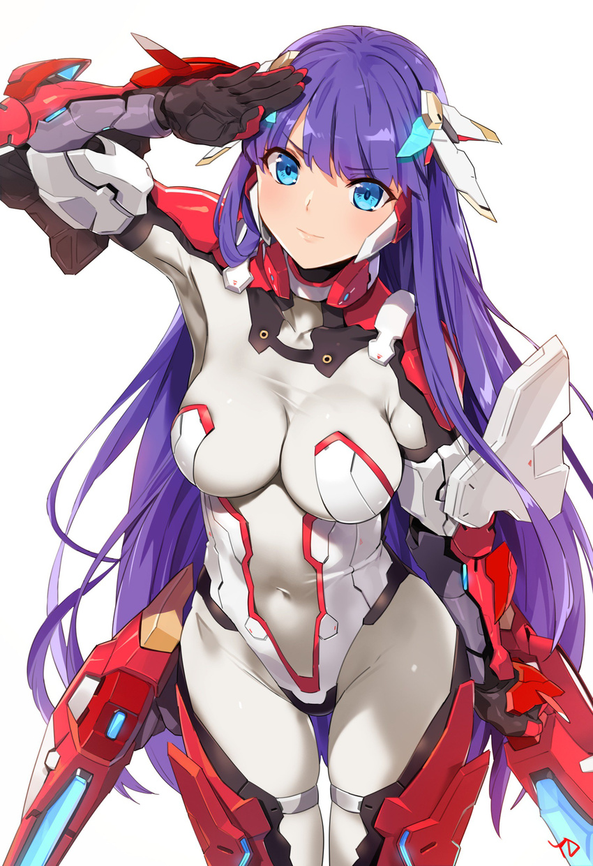 absurdres adapted_costume aerial_drive arm_up bangs blue_eyes blunt_bangs bodysuit breasts closed_mouth commentary covered_navel cowboy_shot earrings eyebrows_visible_through_hair fate/grand_order fate_(series) gauntlets gloves headgear highres hips impossible_bodysuit impossible_clothes jewelry large_breasts long_hair looking_at_viewer mecha_musume purple_hair saint_martha salute signature simple_background solo thighs turtleneck white_background white_bodysuit yang-do