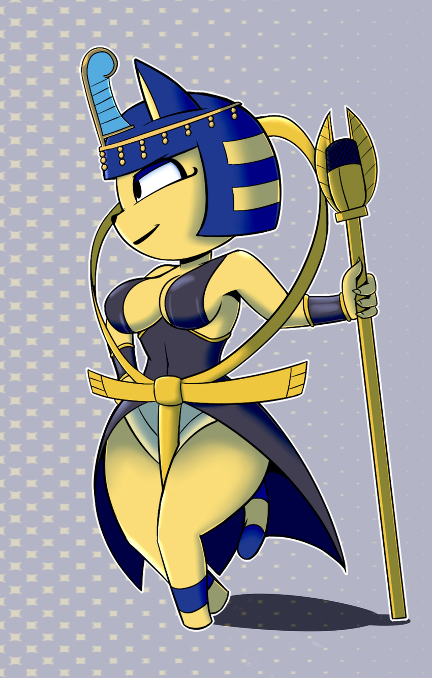 2017 4_fingers animal_crossing ankha anthro big_breasts breasts cat clothed clothing crossover digital_media_(artwork) dress egyptian eliza_(skullgirls) feline female freepancakes fur hair hand_on_hip headwear holding_object mammal nintendo short_hair short_stack side_boob skullgirls smile solo standing thick_thighs video_games