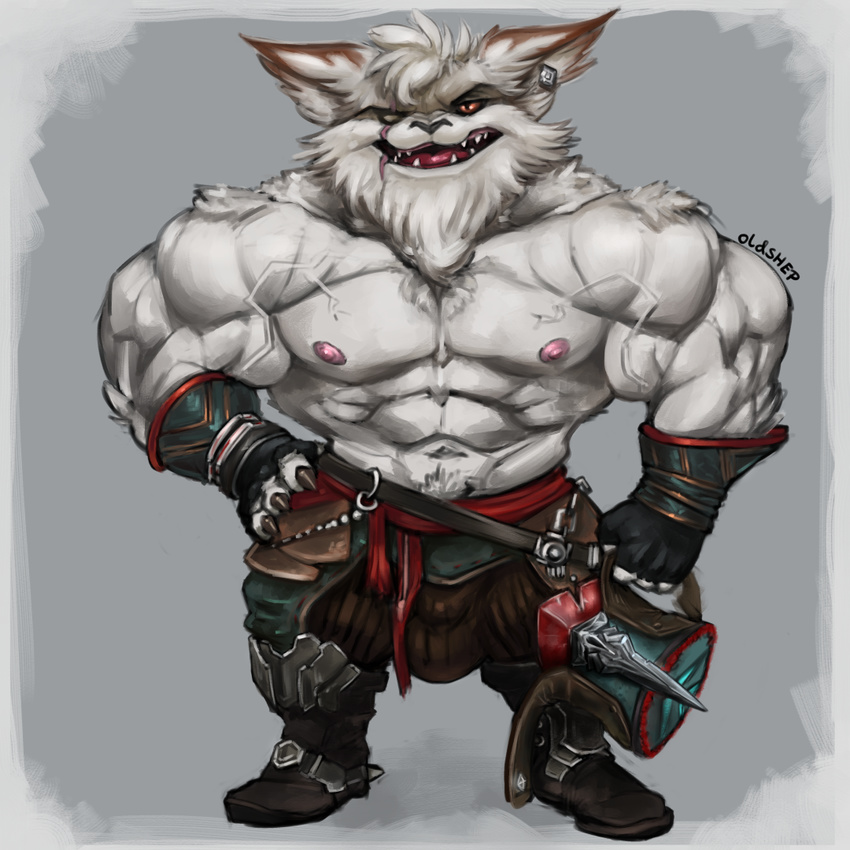 2017 abs anthro armor beard biceps big_muscles blind_eye boots bulge chin_tuft claws clothed clothing digital_media_(artwork) ear_piercing facial_hair footwear fur gauntlets gloves hair hat huge_muscles humanoid kled_(lol) league_of_legends legwear looking_at_viewer male mammal muscular muscular_male nipples oldshep open_mouth pecs piercing riot_games scar signature simple_background smile solo standing teeth topless vein veiny_muscles video_games white_fur yordle