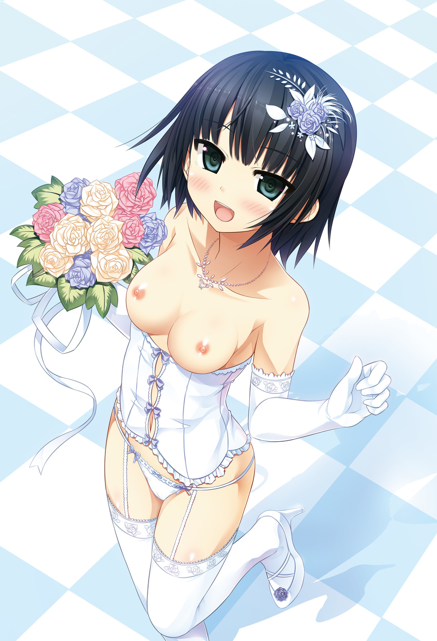 :d absurdres arishima_alice bangs bare_shoulders black_hair blue_eyes blush bouquet breasts checkered checkered_floor cleft_of_venus cura elbow_gloves enty_reward eyebrows_visible_through_hair flower garter_straps gloves hair_flower hair_ornament high_heels highres jewelry medium_breasts monobeno navel necklace nipples open_mouth paid_reward panties short_hair smile solo standing standing_on_one_leg string_panties thighhighs tile_floor tiles underbust underwear white_gloves white_legwear white_panties