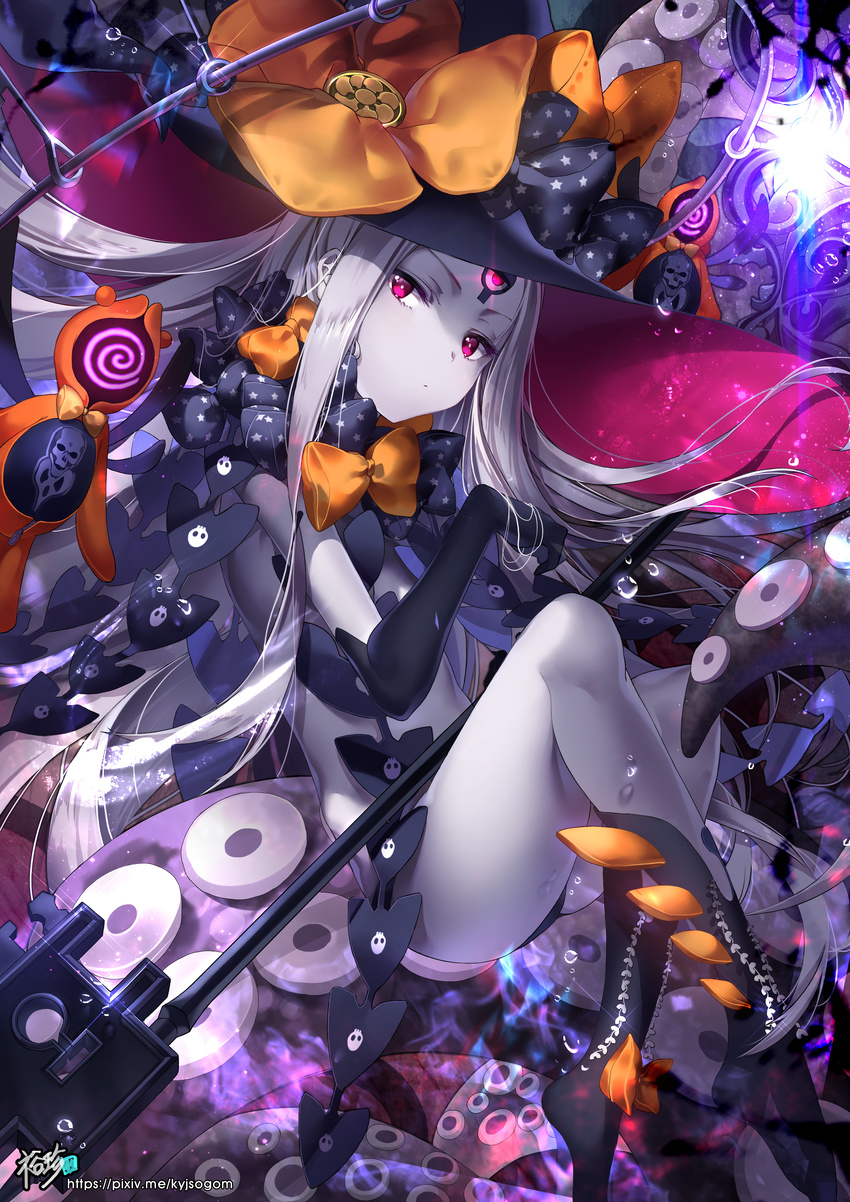 abigail_williams_(fate/grand_order) absurdres black_bow black_gloves black_hat black_legwear black_panties bow closed_mouth commentary_request elbow_gloves fate/grand_order fate_(series) gloves glowing hat head_tilt highres key kneehighs kyjsogom long_hair looking_at_viewer orange_bow oversized_object panties print_bow purple_eyes revealing_clothes sitting skull solo star star_print stuffed_animal stuffed_toy suction_cups teddy_bear tentacles topless underwear very_long_hair watermark web_address white_hair witch_hat
