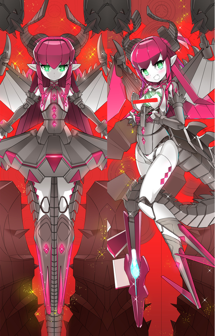 android asymmetrical_horns bangs bar_censor blush bow bow_panties breasts breasts_outside censored closed_mouth commentary_request curled_horns dakimakura detached_sleeves dress elizabeth_bathory_(fate)_(all) fang fate/grand_order fate_(series) gem green_eyes grey_dress hair_between_eyes hair_ribbon highres long_hair long_sleeves looking_at_viewer mecha_eli-chan mechanical_wings multiple_views naitou_ryuu no_pants open_mouth panties pink_hair pink_ribbon ribbon robot robot_joints small_breasts sparkle tail two_side_up underwear white_panties wings