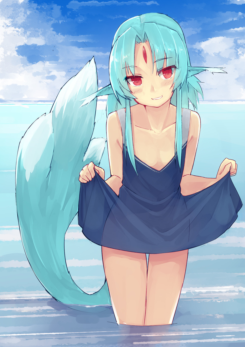 animal_ears bare_arms bare_shoulders blue_dress blue_hair blush breasts carbuncle_(final_fantasy) day dress dress_lift eyebrows_visible_through_hair facial_mark final_fantasy forehead_mark head_tilt highres lifted_by_self long_hair looking_at_viewer ocean original outdoors parted_lips pen_(pen3) personification red_eyes see-through_silhouette small_breasts smile solo standing tail thigh_gap wading