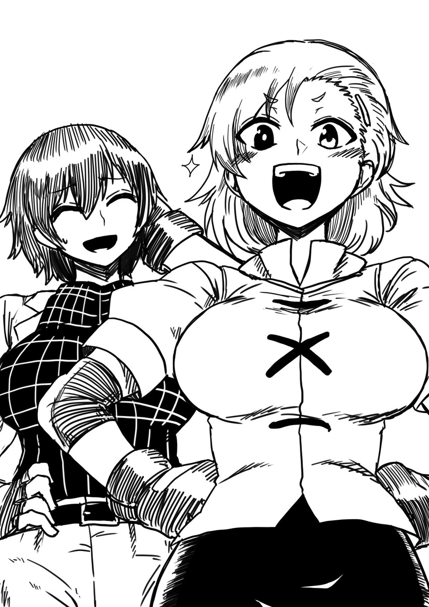 :d alternate_hairstyle arm_up belt blush breasts commentary_request cowboy_shot fingerless_gloves gloves greyscale hand_on_hip hands_on_hips heterochromia highres himajin_noizu horikawa_raiko large_breasts looking_at_viewer monochrome multiple_girls open_mouth short_hair short_sleeves simple_background smile sparkle sweat tatara_kogasa touhou white_background