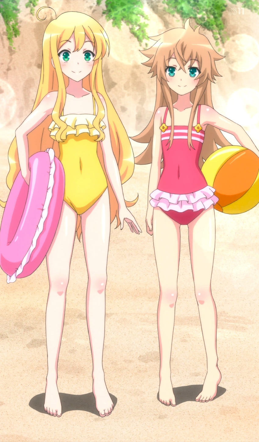 2girls ahoge beach bikini blonde_hair blue_eyes brown_hair green_eyes highres isekai_wa_smartphone_to_tomo_ni. loli long_hair multiple_girls multple_girls renne_(isekai_wa_smartphone_to_tomo_ni.) sand screencap smile stitched sushie_urnea_ortlinde