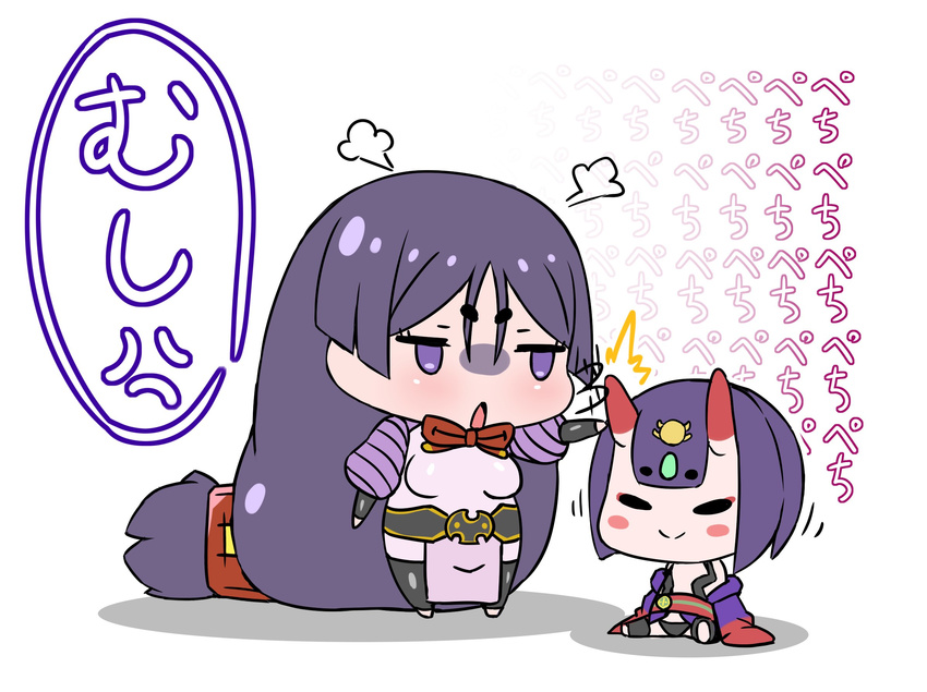 :o absurdly_long_hair angry black_legwear black_panties chibi closed_eyes closed_mouth commentary commentary_request fate/grand_order fate_(series) gem headpiece highres hitting horns japanese_clothes jitome kimono long_hair low-tied_long_hair minamoto_no_raikou_(fate/grand_order) multiple_girls obi off_shoulder oni oni_horns onomatopoeia panties pelvic_curtain puffy_short_sleeves puffy_sleeves purple_eyes purple_hair rei_(rei_rr) sash short_eyebrows short_hair short_sleeves shuten_douji_(fate/grand_order) simple_background sitting smile standing thighhighs translated underwear very_long_hair white_background wide_sleeves