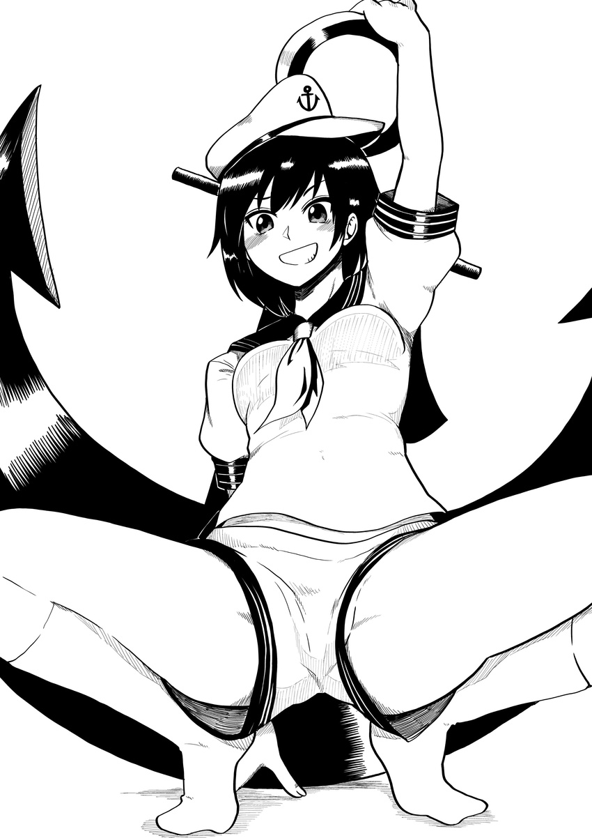 absurdres anchor anchor_symbol arm_behind_back arm_support arm_up blush breasts commentary_request greyscale grin hat highres himajin_noizu looking_at_viewer medium_breasts monochrome murasa_minamitsu neckerchief no_panties no_shoes partially_visible_vulva school_uniform serafuku short_hair short_sleeves shorts simple_background smile socks solo spread_legs squatting touhou upshorts white_background