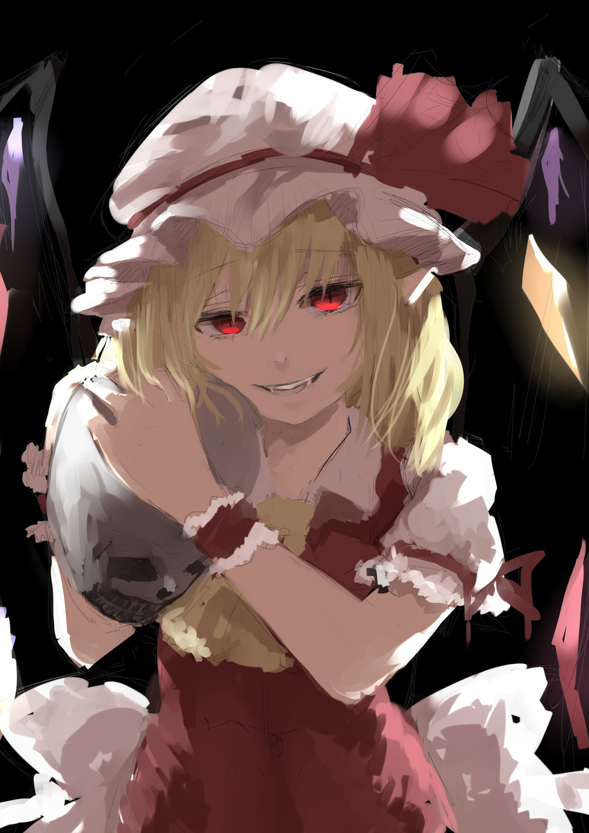 absurdres ascot backlighting bangs blonde_hair bow crystal eyebrows_visible_through_hair fangs flandre_scarlet hands_up hat hat_bow hat_ribbon highres holding holding_skull looking_at_viewer medium_hair mob_cap parted_lips puffy_short_sleeves puffy_sleeves red_bow red_eyes red_ribbon ribbon shirt short_sleeves sketch skull slit_pupils smile solo touhou upper_body watchi wings wrist_cuffs yellow_neckwear