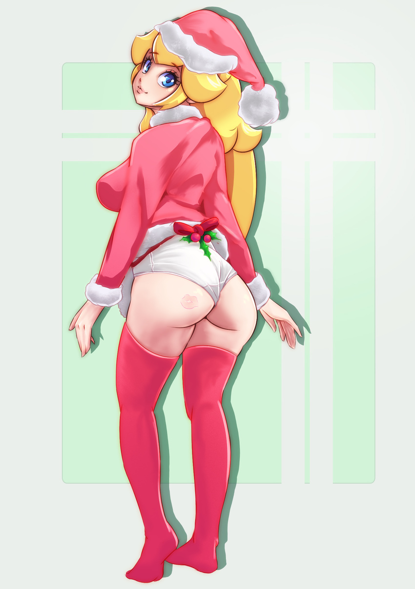 1girl alternate_costume ass black-rayal blonde_hair blue_eyes bow breasts christmas drop_shadow eyebrows_visible_through_hair female from_behind full_body fur_trim green_background hat highres large_breasts leotard lips lipstick_mark long_hair long_sleeves looking_at_viewer looking_back mario_(series) mistletoe nintendo princess_peach red_bow red_hat red_legwear santa_costume santa_hat simple_background smile solo standing super_mario_bros. thighhighs two-tone_background white_leotard