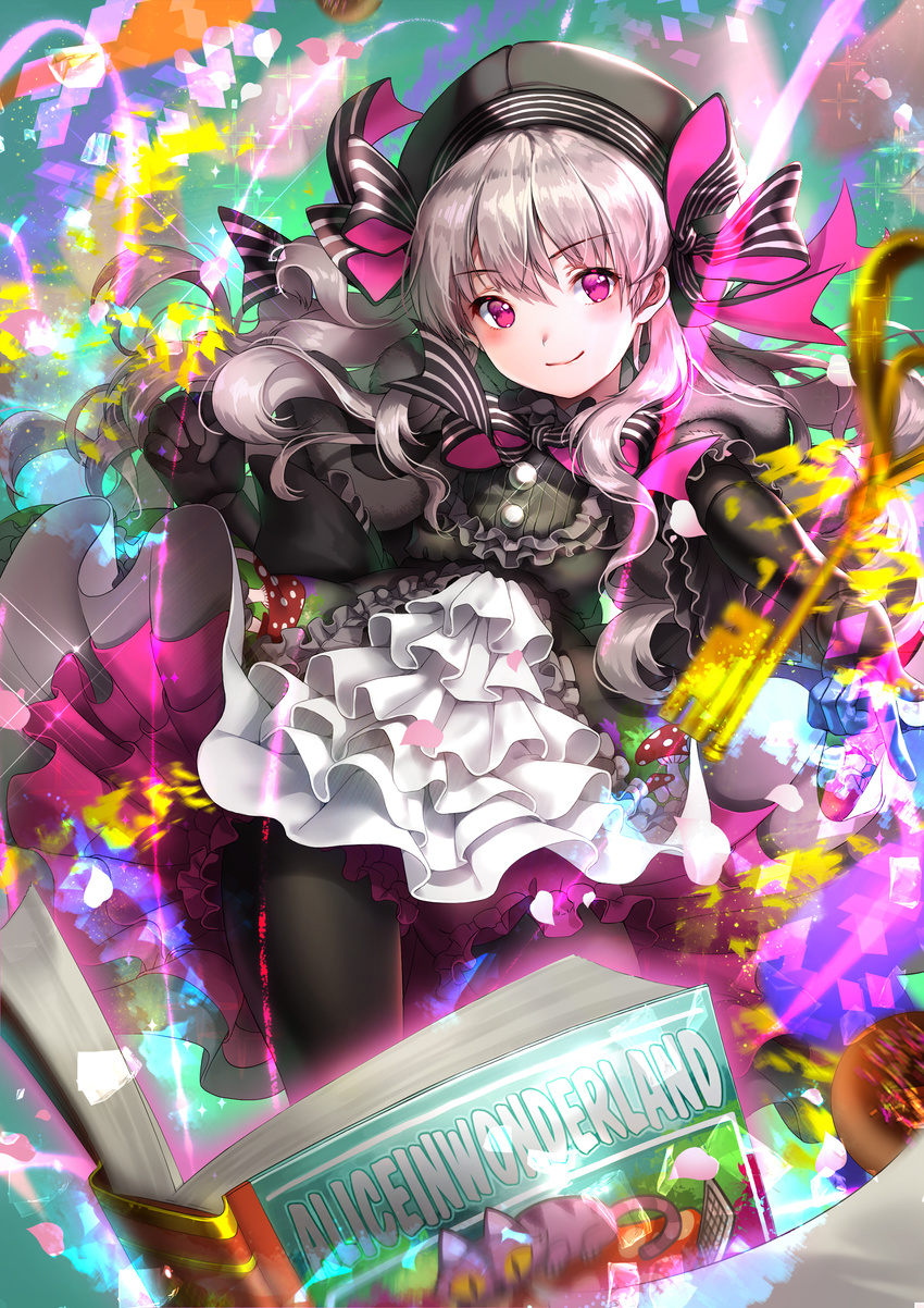 absurdres alice_in_wonderland bangs black_capelet black_dress black_gloves black_hat black_legwear bloomers blurry blurry_foreground blush book bow capelet cheshire_cat closed_mouth commentary depth_of_field dress elbow_gloves eyebrows_visible_through_hair fate/extra fate_(series) food_print fur-trimmed_capelet fur_trim gloves gothic_lolita hair_between_eyes hair_bow hat highres key kyjsogom lolita_fashion long_hair mushroom_print nursery_rhyme_(fate/extra) open_book outstretched_arm pantyhose petals pink_eyes pointing print_dress purple_bloomers ribbon silver_hair smile solo striped striped_bow striped_ribbon underwear v-shaped_eyebrows very_long_hair