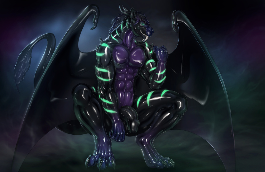2017 3_toes 5_fingers abs absurd_res anthro balls black_penis blue_eyes claws countershading crouching digital_media_(artwork) digitigrade dragon fangs front_view fur gloves_(marking) glowing glowing_eyes grin hair half-erect hi_res horn humanoid_penis looking_at_viewer male markings membranous_wings muscular muscular_male pecs penis purple_countershading rakisha rubber sharp_teeth shiny slit_pupils smile socks_(marking) solo stripes tail_tuft teeth toe_claws toes tuft wings
