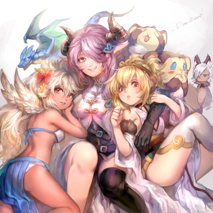 3girls andira_(granblue_fantasy) animal_ears arm_around_shoulder arm_grab artist_name bikini black_eyes black_gloves black_legwear blonde_hair blue_eyes blush_stickers breasts brown_eyes chibi chibi_inset choker clenched_hand covering_ears covering_eyes dansearl dark_skin detached_sleeves dragon draph erune eustace_(granblue_fantasy) flower fur_trim girl_sandwich gloves granblue_fantasy hair_flower hair_ornament hair_over_one_eye head_tilt highres jitome large_breasts lavender_hair long_hair looking_at_viewer looking_back medium_breasts monkey multiple_girls narmaya_(granblue_fantasy) open_mouth parted_lips pointy_ears sandwiched short_hair silver_hair single_thighhigh sitting smile swimsuit thighhighs very_long_hair white_bikini white_hair white_legwear white_wings wings zooey_(granblue_fantasy)