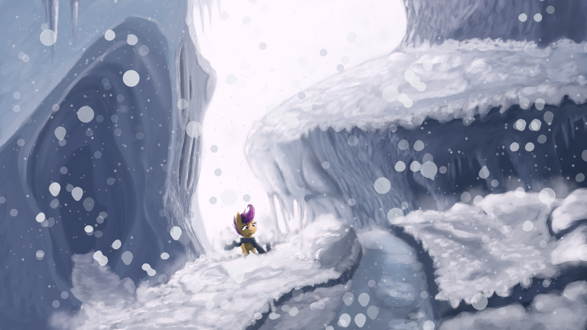 2013 cave cub equine eyelashes feathered_wings feathers female friendship_is_magic hair mammal mountain my_little_pony outside paperdrop pegasus purple_eyes purple_hair scarf scenic scootaloo_(mlp) snow snowing solo wallpaper wings winter young