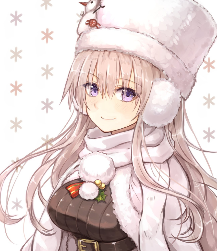 azur_lane belt belt_buckle black_belt buckle commentary_request earmuffs enterprise_(azur_lane) eyebrows_visible_through_hair eyes_visible_through_hair hat highres long_hair looking_at_viewer pom_pom_(clothes) purple_eyes scarf silver_hair simple_background smile solo sukemyon upper_body white_background white_scarf