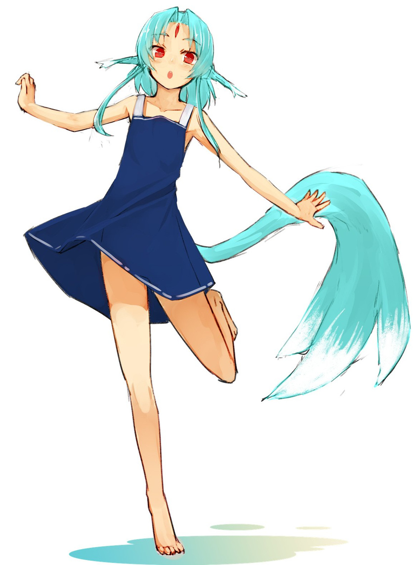 :o animal_ears bare_arms bare_legs bare_shoulders barefoot blue_dress blue_hair blush carbuncle_(final_fantasy) commentary_request dress eyebrows_visible_through_hair facial_mark final_fantasy forehead_mark full_body highres looking_at_viewer open_mouth original outstretched_arms pen_(pen3) personification red_eyes short_hair_with_long_locks simple_background solo spread_arms standing standing_on_one_leg tail white_background