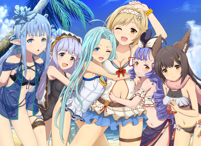 :d ;d ahoge aster_(granblue_fantasy) bangs beach bikini black_bikini blonde_hair blue_eyes blue_hair blue_sky blunt_bangs blush breasts brown_eyes cleavage closed_mouth cloud cloudy_sky collarbone commentary_request crystal day detached_sleeves djeeta_(granblue_fantasy) erin_(granblue_fantasy) erune girl_sandwich gold_trim granblue_fantasy groin hand_under_clothes hug keepvalley lily_(granblue_fantasy) long_hair looking_at_viewer lyria_(granblue_fantasy) medium_breasts multiple_girls navel one-piece_swimsuit one_eye_closed open_mouth outdoors own_hands_together pointy_ears purple_hair ribbon-trimmed_sleeves ribbon_trim sand sandwiched short_sleeves sky small_breasts smile swimsuit thigh_strap very_long_hair vetor_(granblue_fantasy) water yellow_eyes