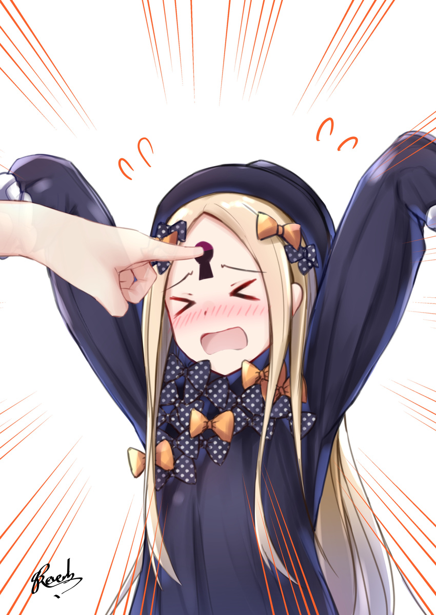 &gt;_&lt; abigail_williams_(fate/grand_order) absurdres arms_up bangs bee_doushi black_bow black_dress black_hat blonde_hair blush bow closed_eyes dress emphasis_lines eyebrows_visible_through_hair fate/grand_order fate_(series) flying_sweatdrops hair_bow hat highres keyhole long_hair long_sleeves looking_at_viewer nose_blush orange_bow out_of_frame parted_bangs polka_dot polka_dot_bow signature sleeves_past_fingers sleeves_past_wrists solo_focus very_long_hair white_background x-ray