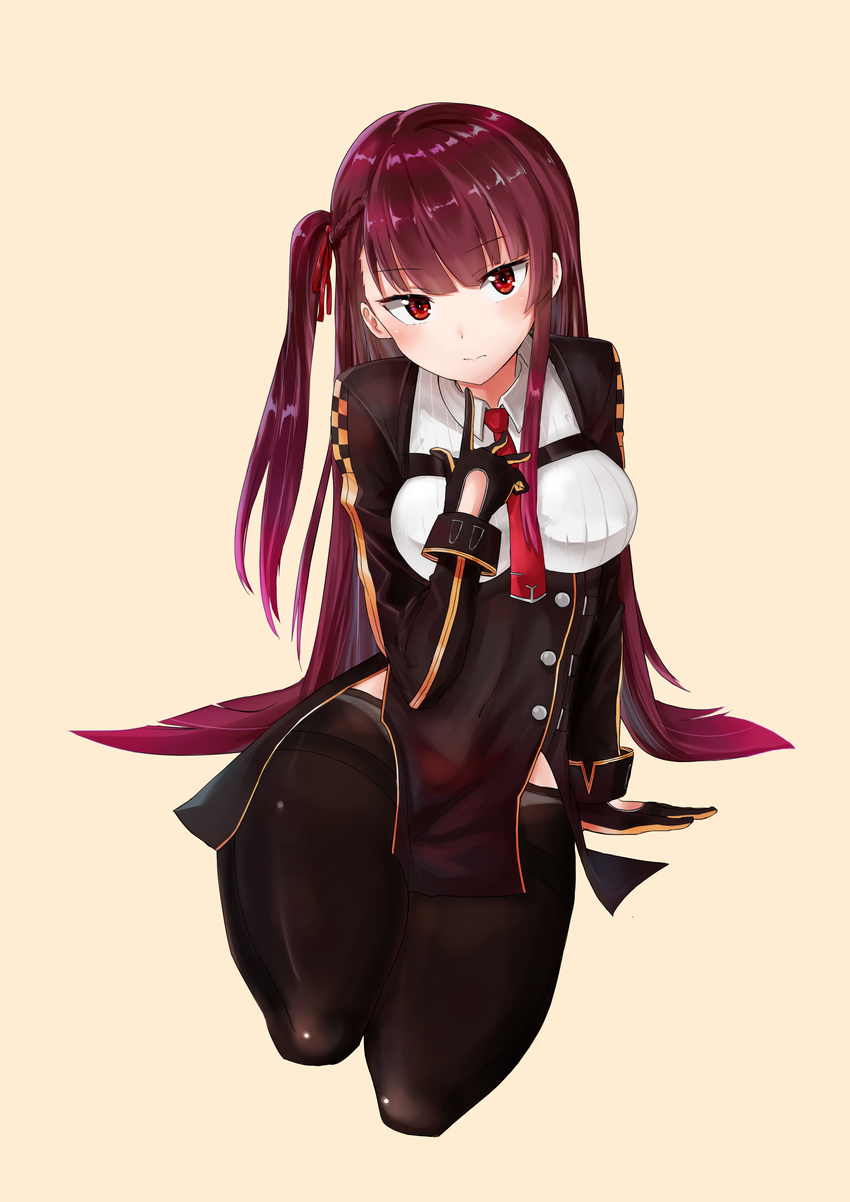 absurdres arm_support bangs beige_background black_footwear black_gloves black_legwear black_skirt blazer blush breasts closed_mouth collared_shirt commentary_request eyebrows_visible_through_hair girls_frontline gloves hair_ribbon half_updo hand_on_own_chest head_tilt highres jacket large_breasts long_hair long_sleeves looking_at_viewer necktie one_side_up open_mouth panties pantyhose pantyshot purple_hair red_eyes red_neckwear red_ribbon ribbon shirt shoes simple_background siraele sitting skirt solo thighband_pantyhose underwear very_long_hair wa2000_(girls_frontline) white_panties