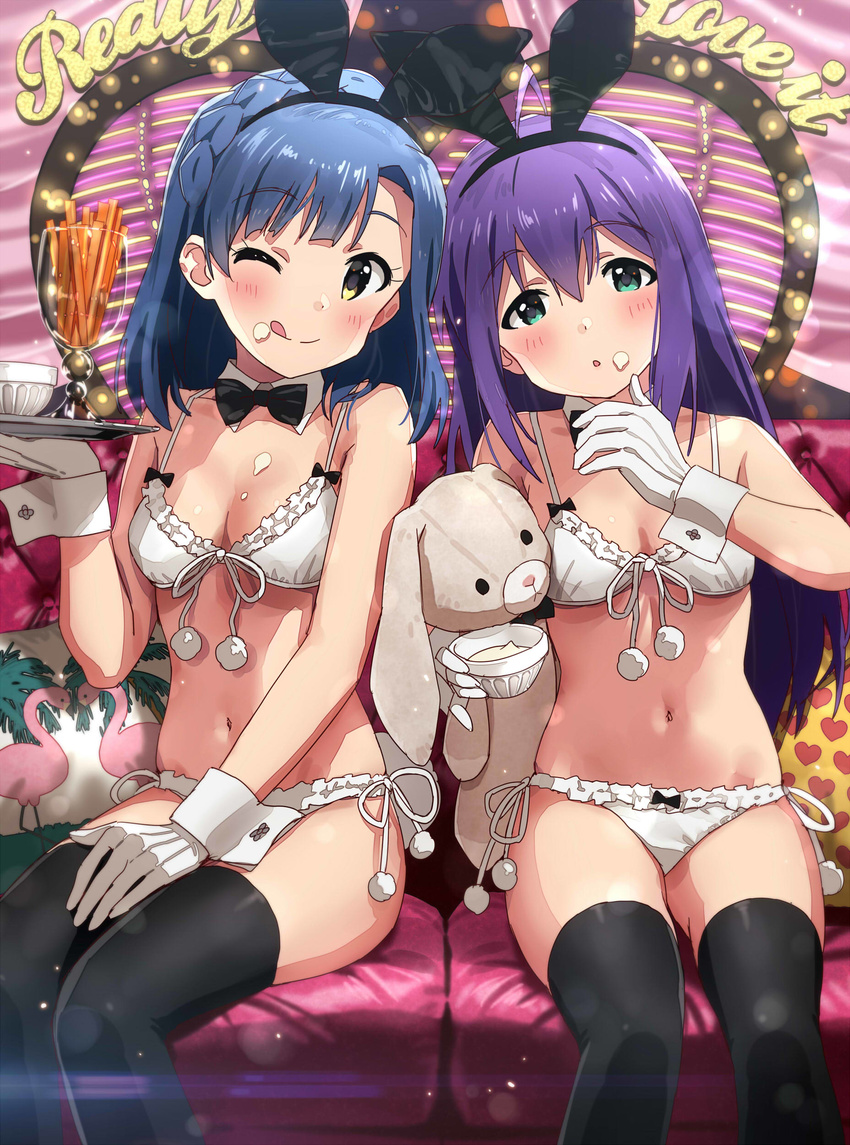 :o ;q absurdres ahoge animal_ears animal_print aqua_eyes bangs bird black_bow black_hairband black_legwear black_neckwear blue_hair bow bow_panties bowtie bra braid breasts bunny_ears cleavage closed_mouth couch cream cream_on_face crown_braid cup detached_collar drinking_glass eyebrows_visible_through_hair fake_animal_ears flamingo food food_on_face frilled_bra frilled_panties frills front-hook_bra gloves hairband hand_on_lap hand_up head_tilt heart heart_print highres holding holding_cup holding_tray idolmaster idolmaster_million_live! lens_flare light_particles long_hair looking_at_viewer medium_breasts mochizuki_anna multiple_girls nanao_yuriko on_couch one_eye_closed panties parted_lips pillow pom_pom_(clothes) purple_eyes ribbon short_hair side-tie_panties sitting small_breasts sonsoso stuffed_animal stuffed_bunny stuffed_toy tareme thighhighs thumb_to_mouth tongue tongue_out tray underwear underwear_only white_bra white_gloves white_panties white_ribbon wrist_cuffs yellow_eyes
