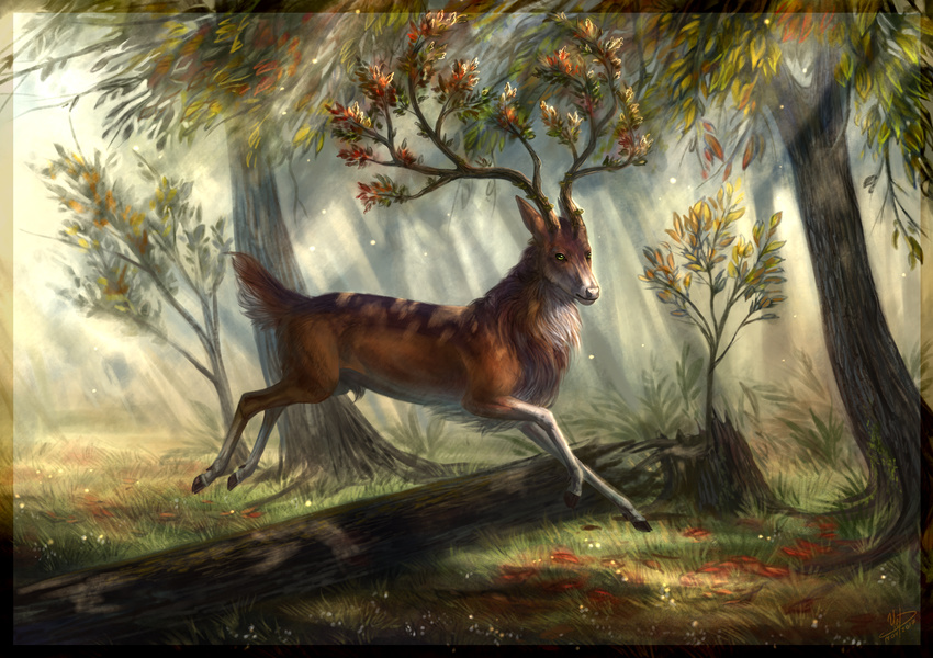 2017 antlers brown_fur carota17 cervine day deer detailed_background digital_media_(artwork) fur grass green_eyes hooves horn mammal outside tree