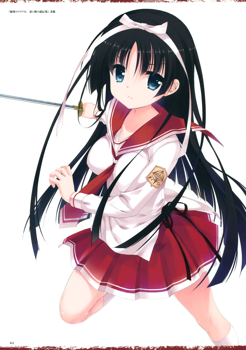 absurdres bangs black_hair blue_eyes breasts hidan_no_aria highres holding holding_sword holding_weapon hotogi_shirayuki kobuichi leg_up long_hair long_sleeves looking_at_viewer medium_breasts official_art page_number pleated_skirt red_skirt scan school_uniform serafuku simple_background skirt socks solo sword weapon white_background white_legwear