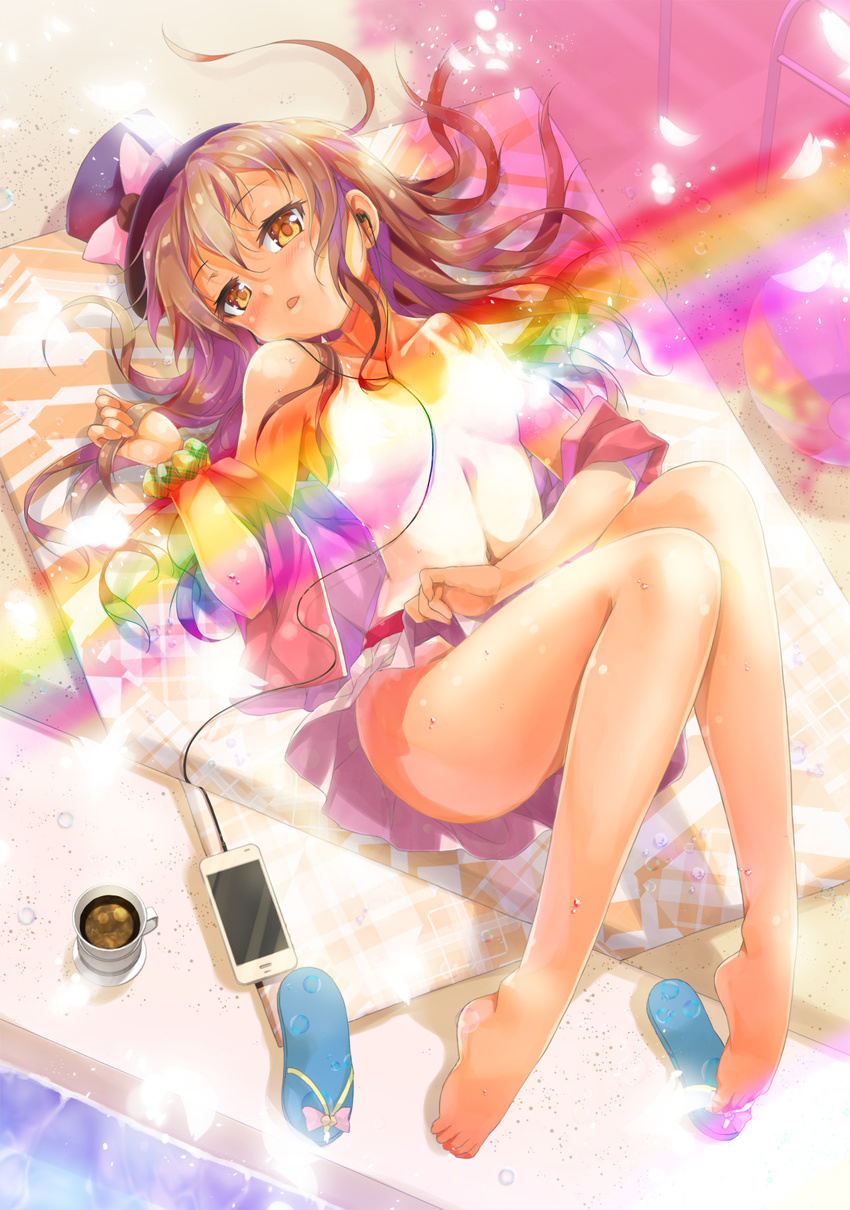 ball bare_legs bare_shoulders barefoot beachball black_hat blue_footwear blush bow breasts brown_eyes brown_hair cafe-chan_to_break_time cafe_(cafe-chan_to_break_time) cellphone collarbone commentary_request cup earphones hair_grab hat hat_bow head_tilt highres jacket light_censor long_hair looking_at_viewer lying mini_hat mini_top_hat navel off_shoulder on_back open_clothes open_jacket parted_lips phone pink_bow pink_jacket plaid plaid_scrunchie pleated_skirt poolside porurin sandals sandals_removed scrunchie shoes_removed short_sleeves skirt skirt_lift small_breasts smartphone solo teacup top_hat transparent very_long_hair wet white_skirt wrist_scrunchie yellow_scrunchie