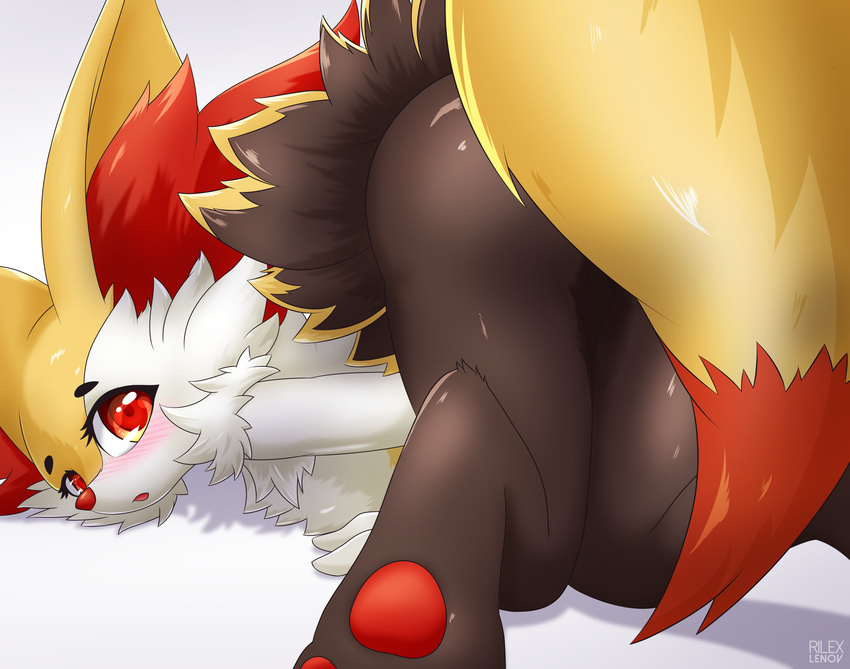 absurd_res blush braixen butt female hi_res looking_at_viewer nintendo open_mouth pok&eacute;mon pok&eacute;mon_(species) rear_view red_eyes rilex_lenov simple_background solo video_games white_background