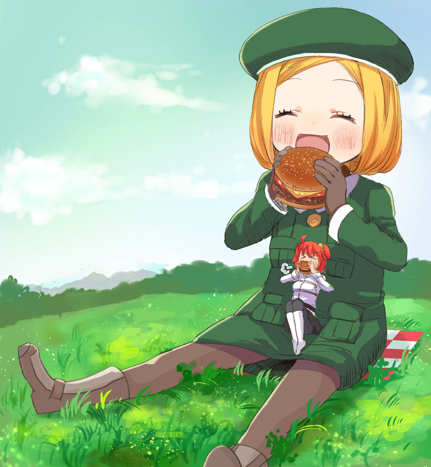 &gt;_&lt; :d =3 ^_^ ahoge az_(az452) bangs beret black_legwear black_skirt blanket blonde_hair blue_sky boots brown_footwear brown_gloves brown_legwear chaldea_uniform checkered checkered_blanket closed_eyes cloud collared_jacket commentary_request day eating eyebrows_visible_through_hair fate/grand_order fate_(series) food fujimaru_ritsuka_(female) giantess gloves grass green_hat green_jacket hair_between_eyes hair_ornament hair_scrunchie hamburger hat highres holding holding_food jacket knee_boots long_sleeves multiple_girls one_side_up open_mouth outdoors pantyhose paul_bunyan_(fate/grand_order) picnic red_hair scrunchie short_hair sitting size_difference skirt sky smile uniform white_footwear white_jacket yellow_scrunchie