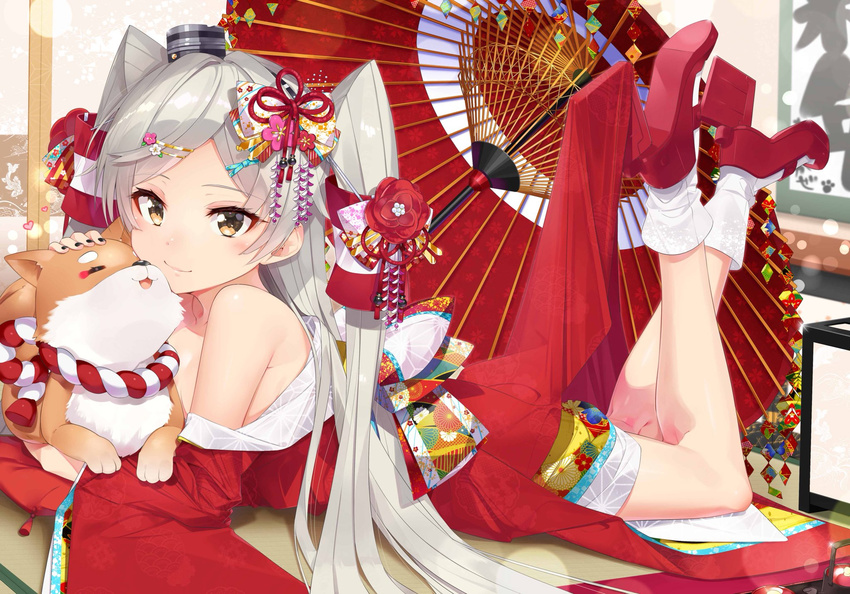 alternate_costume amatsukaze_(kantai_collection) animal bare_legs bare_shoulders black_nails blush breasts cleavage commentary_request dog dress eyebrows eyebrows_visible_through_hair feet_up flower hair_flower hair_ornament hair_ribbon hair_tubes heart high_heels highres japanese_clothes kantai_collection kanzashi kimono legs_up long_hair lying nail_polish nezumidoshi open_mouth oriental_umbrella red_kimono ribbon silver_hair small_breasts smile socks solo strapless strapless_dress tsumami_kanzashi two_side_up umbrella windsock yellow_eyes