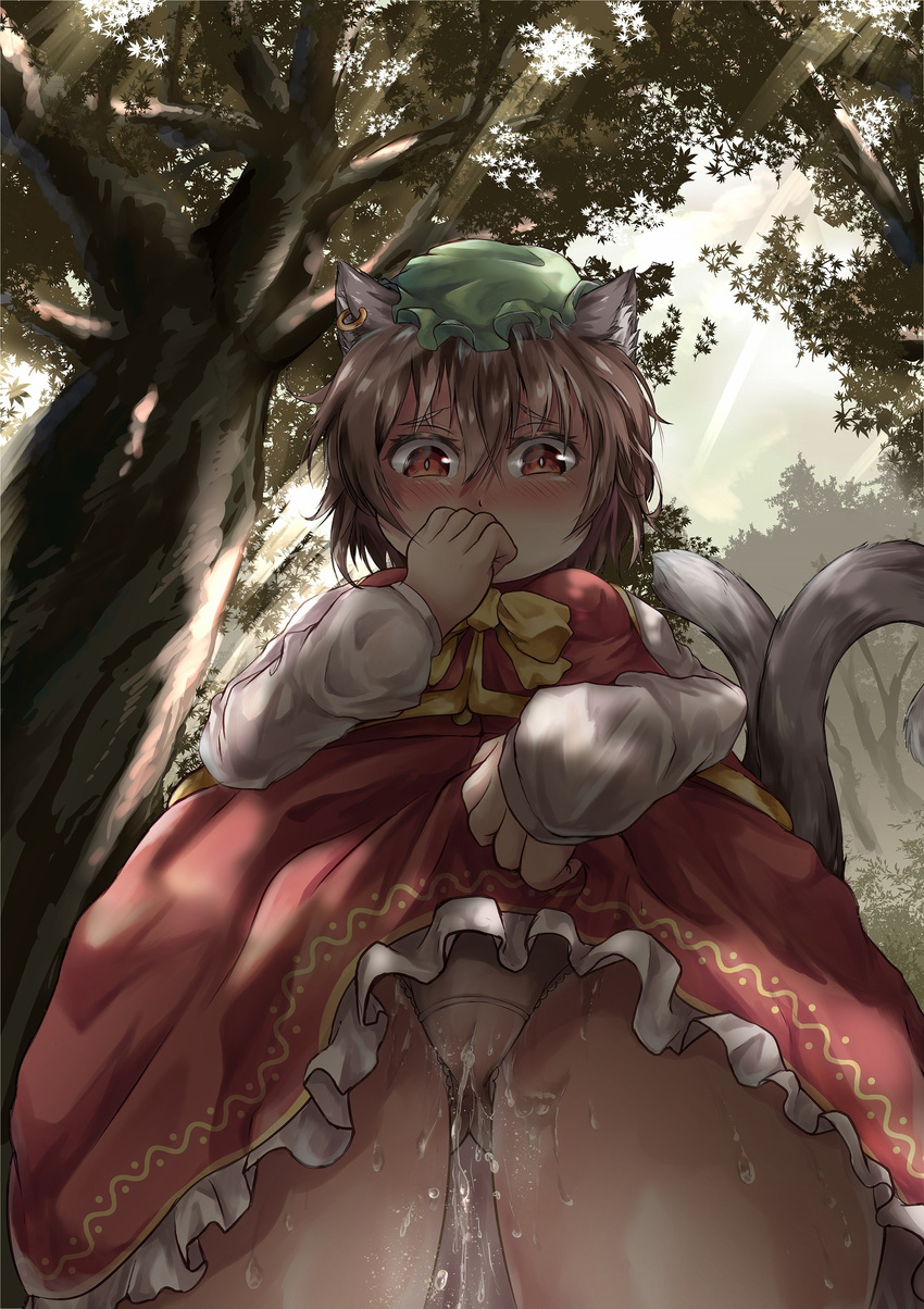 1girl animal_ears barussu blush bow breasts brown_hair cameltoe cat_ears cat_tail chen covering_mouth day dress dress_lift earrings eyebrows_visible_through_hair female frills from_below green_hat hand_to_own_face hand_up hat highres lifted_by_self long_sleeves looking_down mob_cap multiple_tails orange_eyes outdoors panties peeing peeing_self red_dress shirt short_hair sky sleeveless_dress small_breasts solo standing tail touhou tree two_tails underwear wet_clothes wet_panties white_panties white_shirt yellow_bow