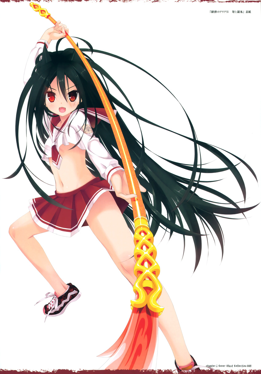 absurdres bangs black_hair breasts character_request hidan_no_aria highres holding holding_weapon kobuichi long_hair looking_at_viewer midriff naginata navel official_art open_mouth page_number pleated_skirt polearm red_eyes red_skirt scan school_uniform serafuku shoes skirt small_breasts smile sneakers solo very_long_hair weapon