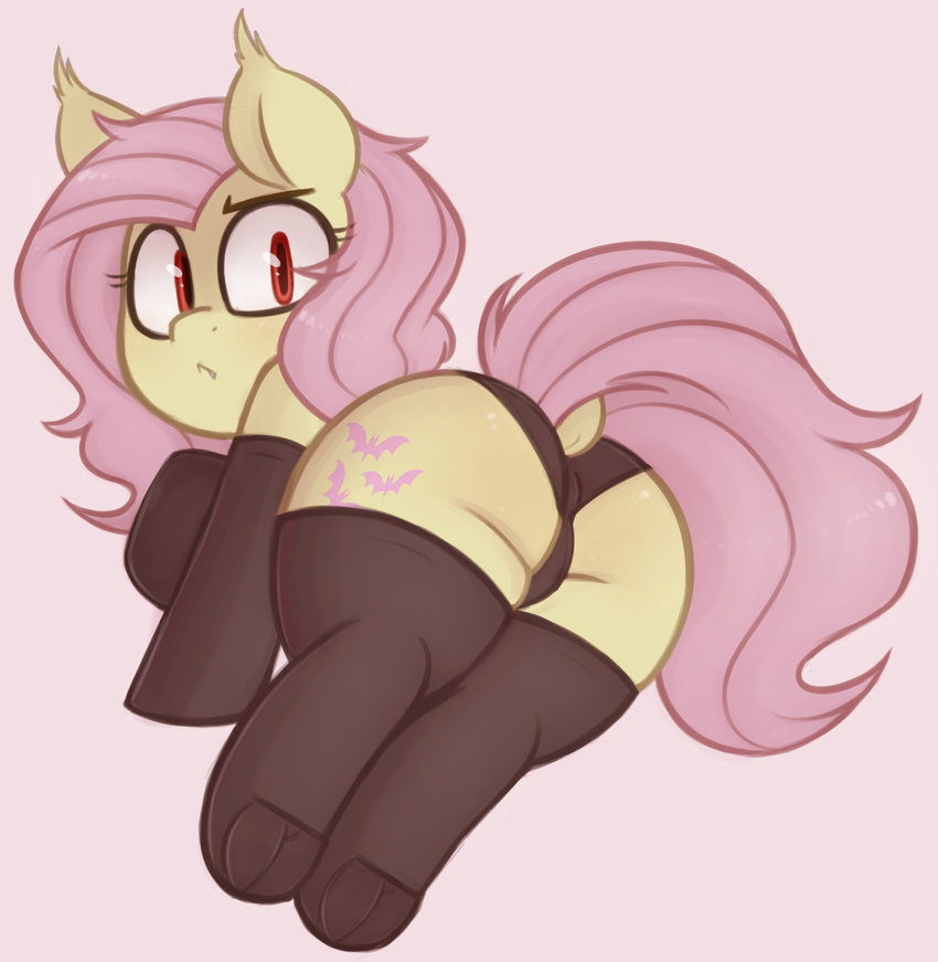 2016 bat_pony butt camel_toe clothing cutie_mark dock eyebrows eyelashes fangs female flutterbat_(mlp) fluttershy_(mlp) friendship_is_magic frown hair legwear looking_at_viewer looking_back lying my_little_pony panties pink_background pink_hair red_eyes simple_background slit_pupils solo stockings toroitimu underwear