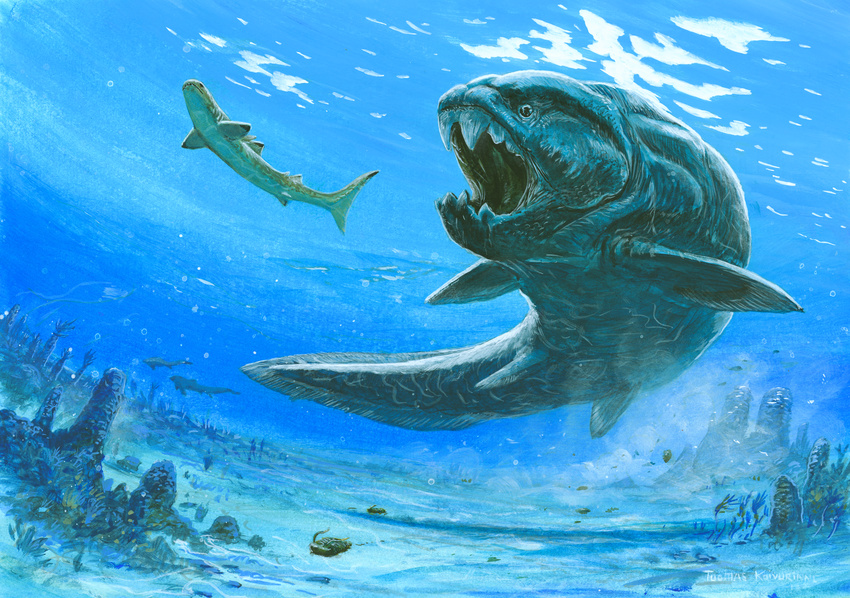 day dunkleosteus duo feral fin fish marine open_mouth outside prehistoric_animal shark traditional_media_(artwork) tuomaskoivurinne underwater water