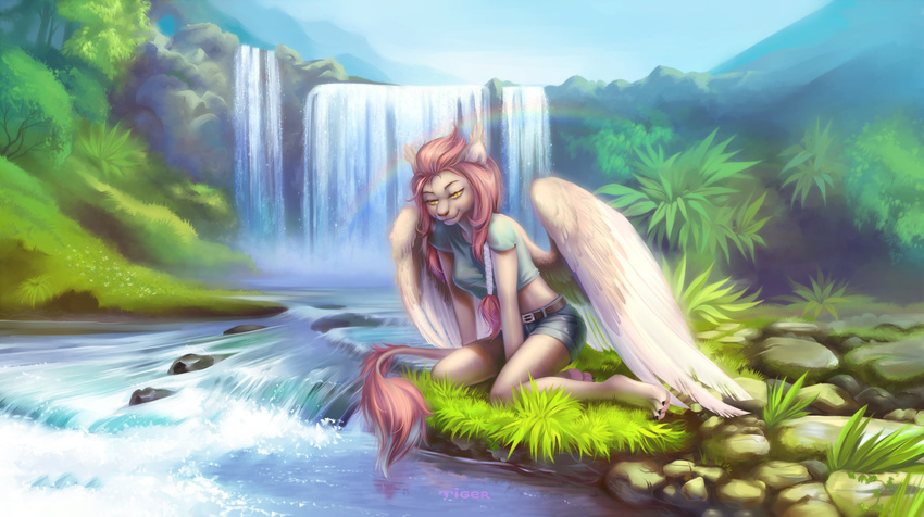 2017 anthro clothed clothing day detailed_background digital_media_(artwork) feathered_wings feathers feline female grass hair hybrid lion mammal outside pink_hair purpletigra sky solo water waterfall wings