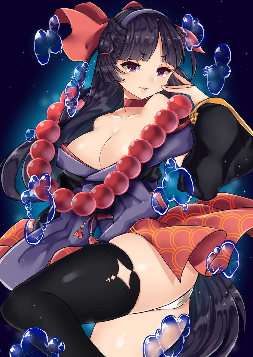ass bangs bare_shoulders bead_necklace beads black_hair black_legwear blunt_bangs bow breasts choker eyebrows_visible_through_hair fish goldfish hair_bow hairband highres japanese_clothes jewelry kimono large_breasts long_sleeves looking_at_viewer necklace off_shoulder original panties parted_bangs parted_lips purple_eyes purple_hairband red_choker short_eyebrows solo tamak0bt thighhighs underwear water white_panties wide_sleeves