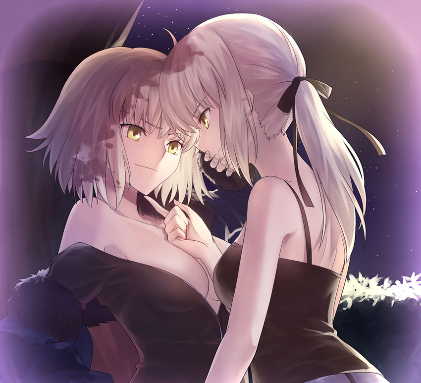 against_tree ahoge artoria_pendragon_(all) black_camisole breasts camisole cleavage closed_mouth eyebrows_visible_through_hair fate/grand_order fate_(series) fur_trim hair_ribbon hand_on_another's_mouth hecha_(swy1996228) jeanne_d'arc_(alter)_(fate) jeanne_d'arc_(fate)_(all) light_brown_hair low_ponytail medium_breasts multiple_girls night off_shoulder outdoors ribbon saber_alter short_hair small_breasts smirk tree wicked_dragon_witch_ver._shinjuku_1999 yellow_eyes yuri