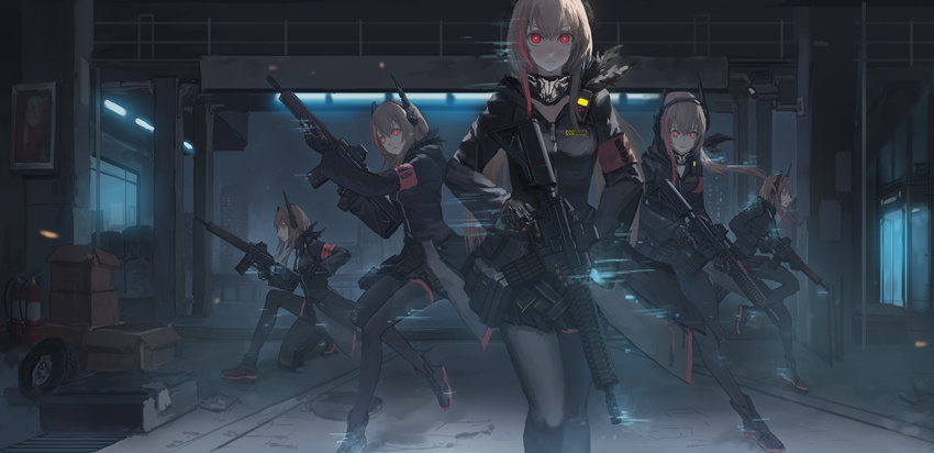 ammunition_pouch android assault_rifle eotech girls_frontline glowing glowing_eyes gun headgear highres jacket kneeling long_hair looking_at_viewer m4_carbine m4_sopmod_ii m4_sopmod_ii_(girls_frontline) mechanical_arm multicolored_hair multiple_girls multiple_persona pantyhose pink_hair ponytail pouch red_eyes rifle scarf streaked_hair trigger_discipline weapon xukong