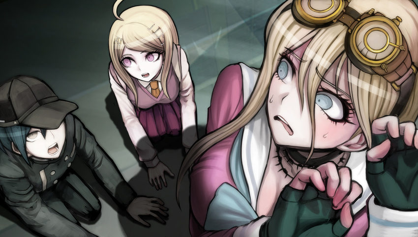 2girls :o ahoge akamatsu_kaede bangs barbed_wire baseball_cap begging black_hair blonde_hair blue_eyes breasts choker danganronpa eyebrows_visible_through_hair eyelashes fingerless_gloves gakuran game_cg gloves goggles goggles_on_head hair_between_eyes hat highres iruma_miu kneeling large_breasts long_hair looking_at_another multiple_girls musical_note musical_note_hair_ornament necktie new_danganronpa_v3 official_art open_mouth peaked_cap pleated_skirt purple_eyes saihara_shuuichi scared school_uniform serafuku shadow shimadoriru shirt skirt sweat sweater_vest yellow_eyes