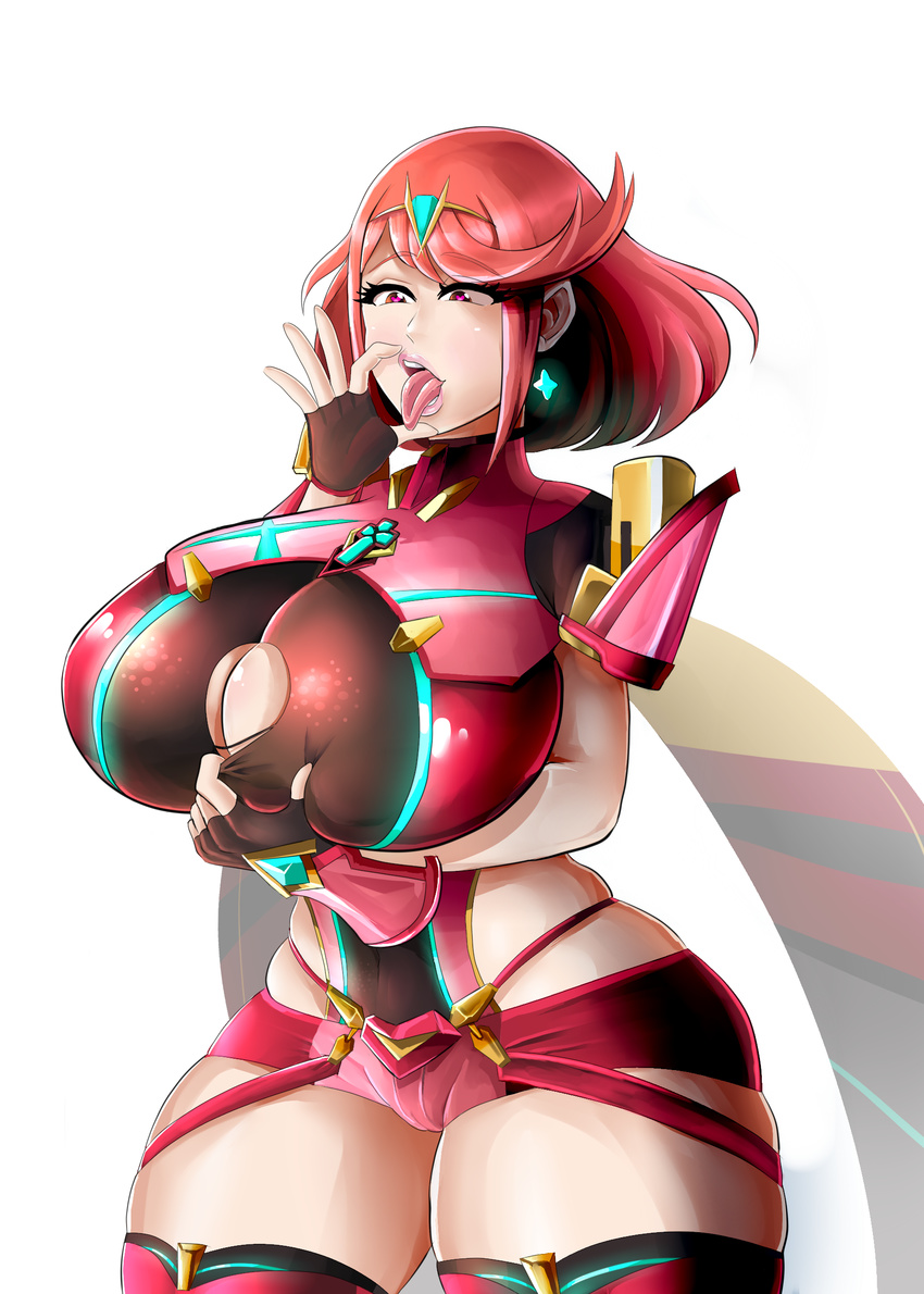 1girl breasts brown_eyes circlet cleavage cleavage_cutout curvy earrings fingerless_gloves gloves heart-shaped_pupils highres homura_(xenoblade_2) huge_breasts nintendo open_mouth red_hair scarf shiny shiny_clothes shiny_hair shiny_skin short_hair short_shorts shorts solo symbol-shaped_pupils thick_thighs thighhighs tongue tongue_out wide_hips xenoblade xenoblade_2 xiceowl
