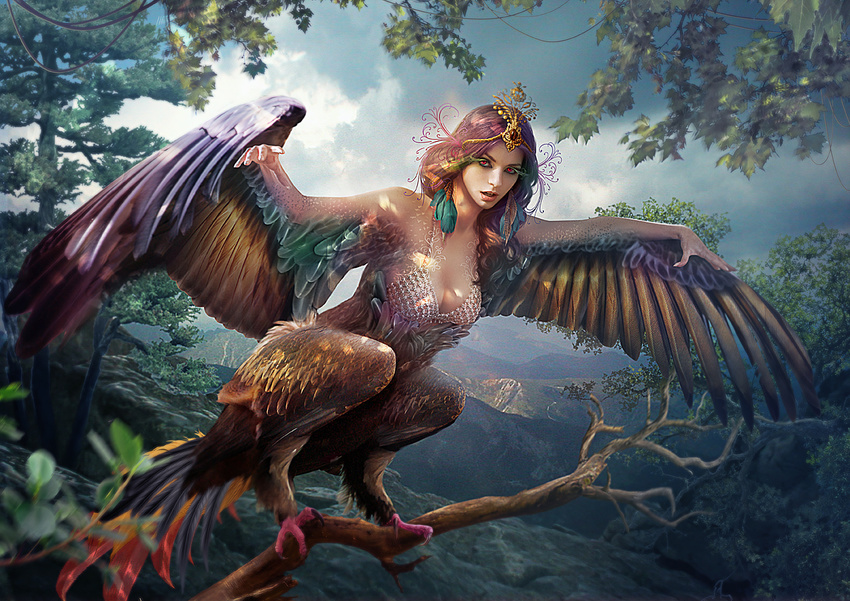 2017 avian breasts brown_feathers day detailed_background digital_media_(artwork) feathered_wings feathers female hair harpy outside purple_hair red_eyes sky solo vasylina wings