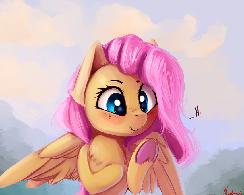 2017 equine feathered_wings feathers female fluttershy_(mlp) freckles friendship_is_magic hair hi_res mammal miokomata my_little_pony outside pegasus smile solo wings