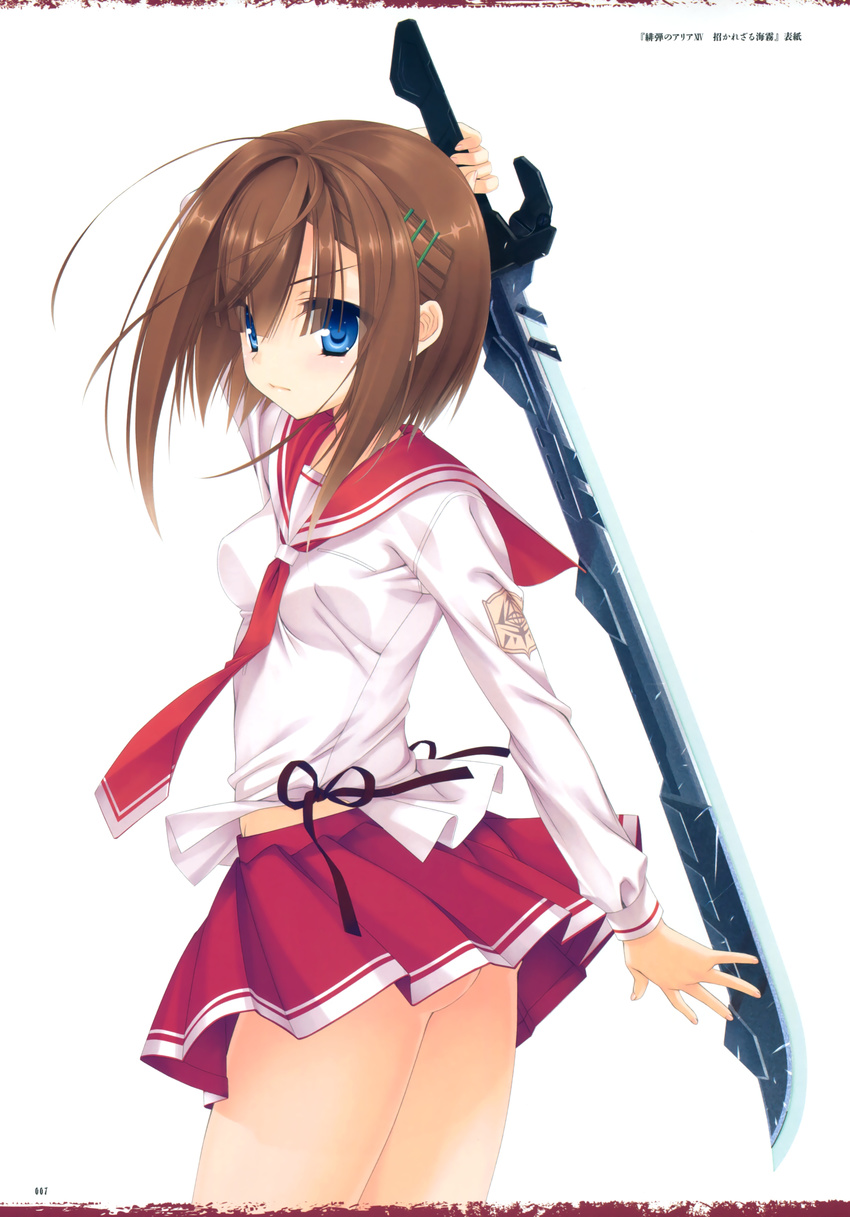 absurdres ass bangs blue_eyes breasts brown_hair character_request eyebrows_visible_through_hair hair_ornament hairclip hidan_no_aria highres holding holding_sword holding_weapon kobuichi long_sleeves looking_at_viewer official_art page_number pleated_skirt red_skirt scan school_uniform serious short_hair skirt small_breasts sword twisted_torso weapon