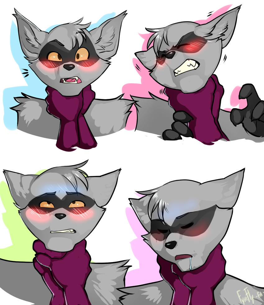2014 anthro asphyxiation blush choking digital_media_(artwork) drooling eye_roll fur fyrefly grey_fur half-closed_eyes invalid_tag looking_at_viewer male mammal neck_grab open_mouth procyonid purple_fur raccoon saliva sequence signature simple_background sly_cooper sly_cooper_(series) teeth tongue unconscious video_games