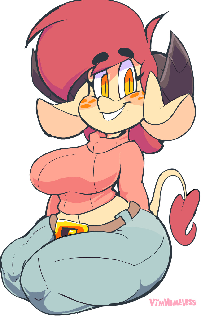 2017 alpha_channel anthro big_breasts bracelet breasts caprine clothed clothing female frances_sugarfoot freckles goat hair hi_res horn jeans jewelry kneeling looking_at_viewer mammal pants red_hair simple_background smile solo thick_thighs transparent_background vimhomeless voluptuous wide_hips