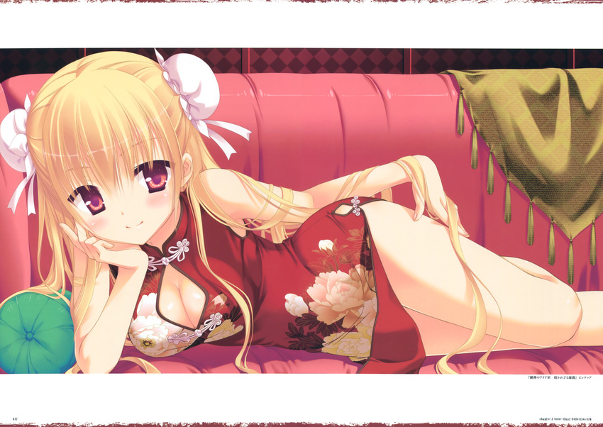 absurdres bangs bare_shoulders blonde_hair blush breasts chin_rest china_dress chinese_clothes cleavage couch double_bun dress eyebrows_visible_through_hair floral_print hair_between_eyes hair_ornament hidan_no_aria highres indoors kobuichi long_hair looking_at_viewer lying medium_breasts mine_riko official_art on_side page_number pillow red_eyes scan sleeveless smile solo very_long_hair