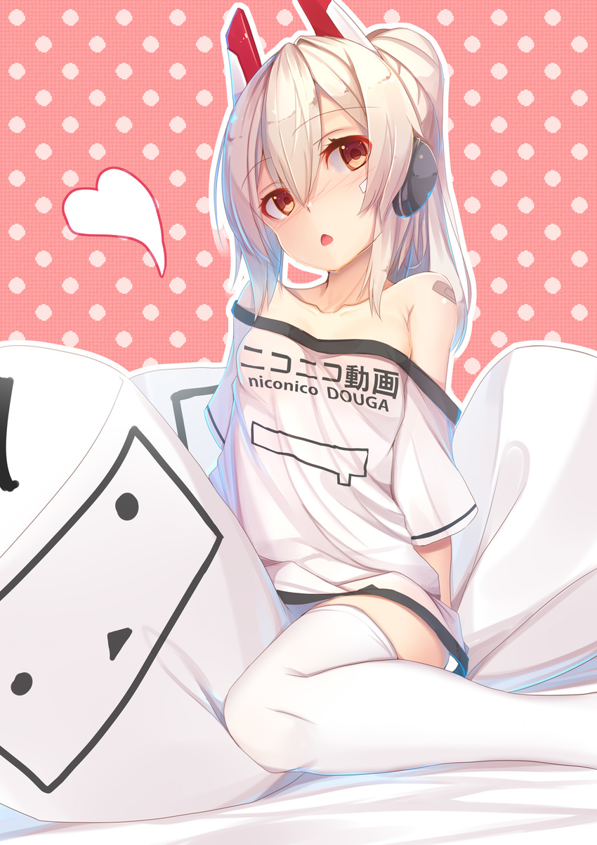 animal_ears arm_at_side arm_support ayanami_(azur_lane) azur_lane bangs bare_shoulders bed_sheet blush breasts brown_eyes collarbone commentary_request copyright_name eyebrows_visible_through_hair hair_between_eyes head_tilt headphones heart high_ponytail highres looking_at_viewer niconico nose_blush off-shoulder_shirt parted_lips pillow pink_background polka_dot polka_dot_background ponytail shirt short_sleeves silver_hair sitting small_breasts solo tatapopo terebi-chan thighhighs white_background white_shirt
